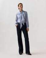 Load image into Gallery viewer, Tie-Neck Blouse in Blue/White Bengal Stripe Silk Crepe De Chine