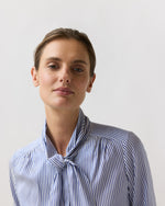 Load image into Gallery viewer, Tie-Neck Blouse in Blue/White Bengal Stripe Silk Crepe De Chine
