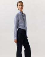 Load image into Gallery viewer, Tie-Neck Blouse in Blue/White Bengal Stripe Silk Crepe De Chine