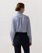 Load image into Gallery viewer, Tie-Neck Blouse in Blue/White Bengal Stripe Silk Crepe De Chine