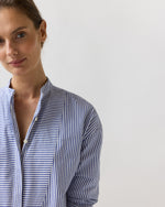 Load image into Gallery viewer, Christiane Bib-Front Tunic in Blue/White Bengal Stripe Compact Cotton