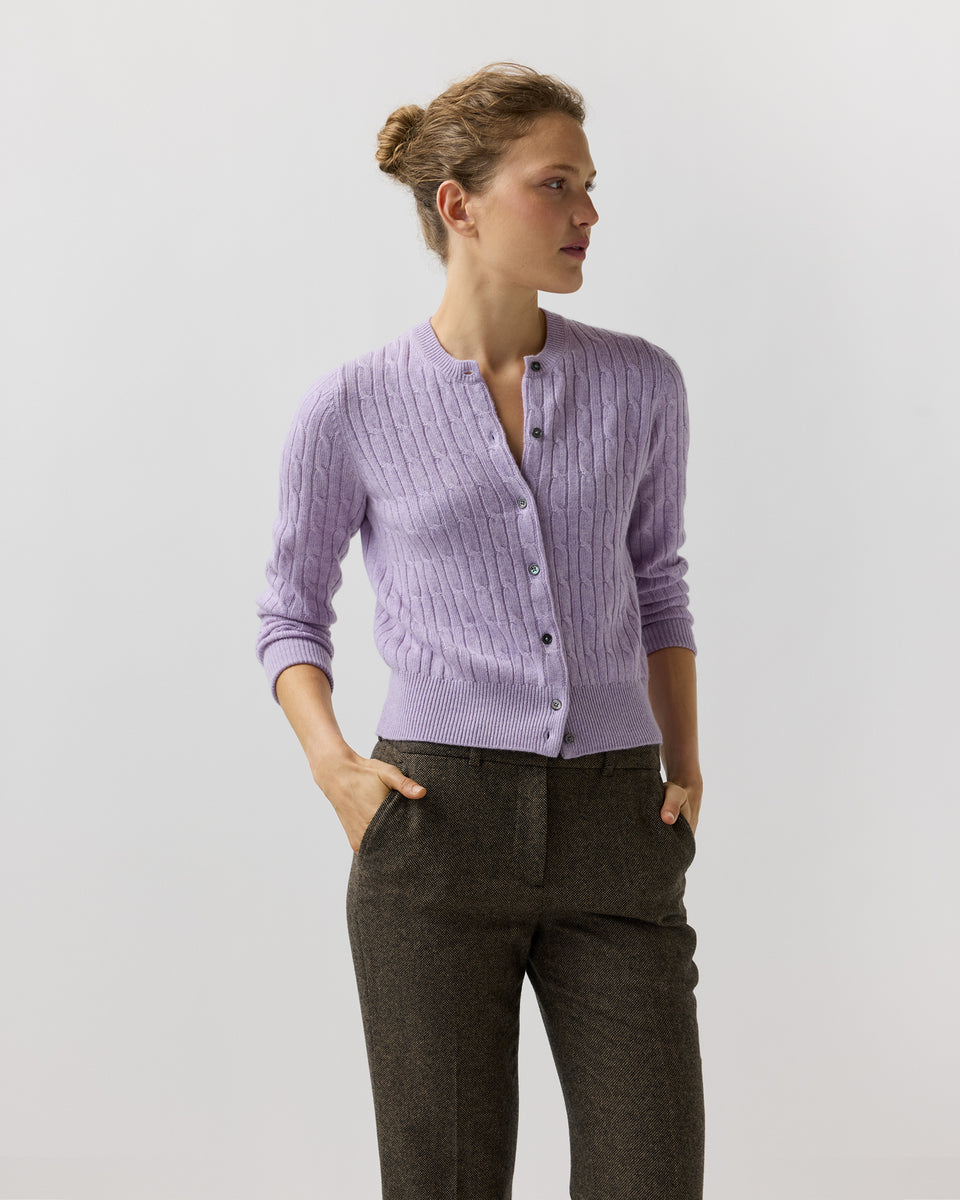 Rosie Cable Cardigan in Heather Lavender Cashmere | Shop Ann Mashburn