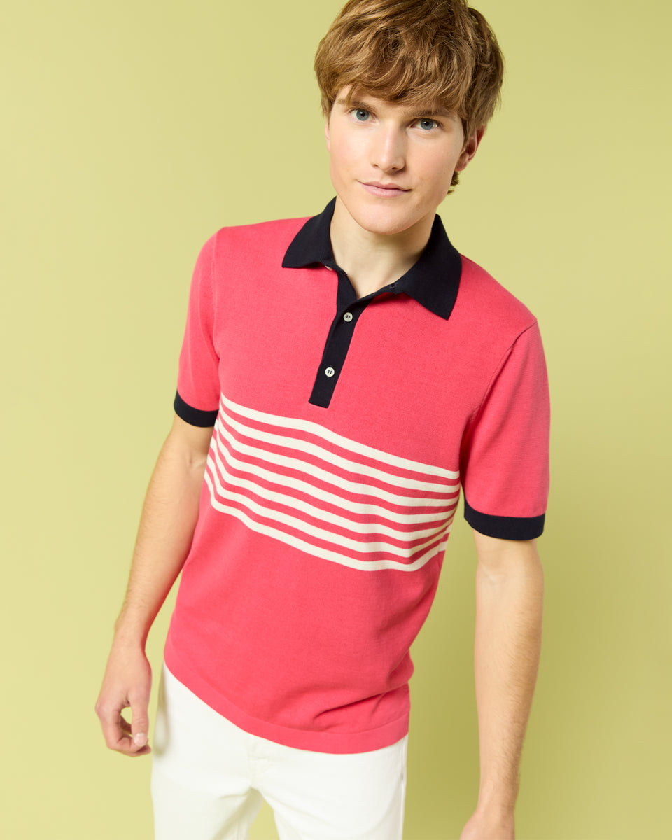 Rally Polo Sweater in Watermelon/Navy/Chalk Cotton | Shop Sid Mashburn