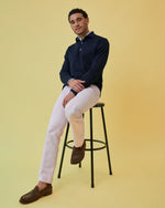 Load image into Gallery viewer, Long-Sleeved Rally Polo Sweater in Navy Cotton