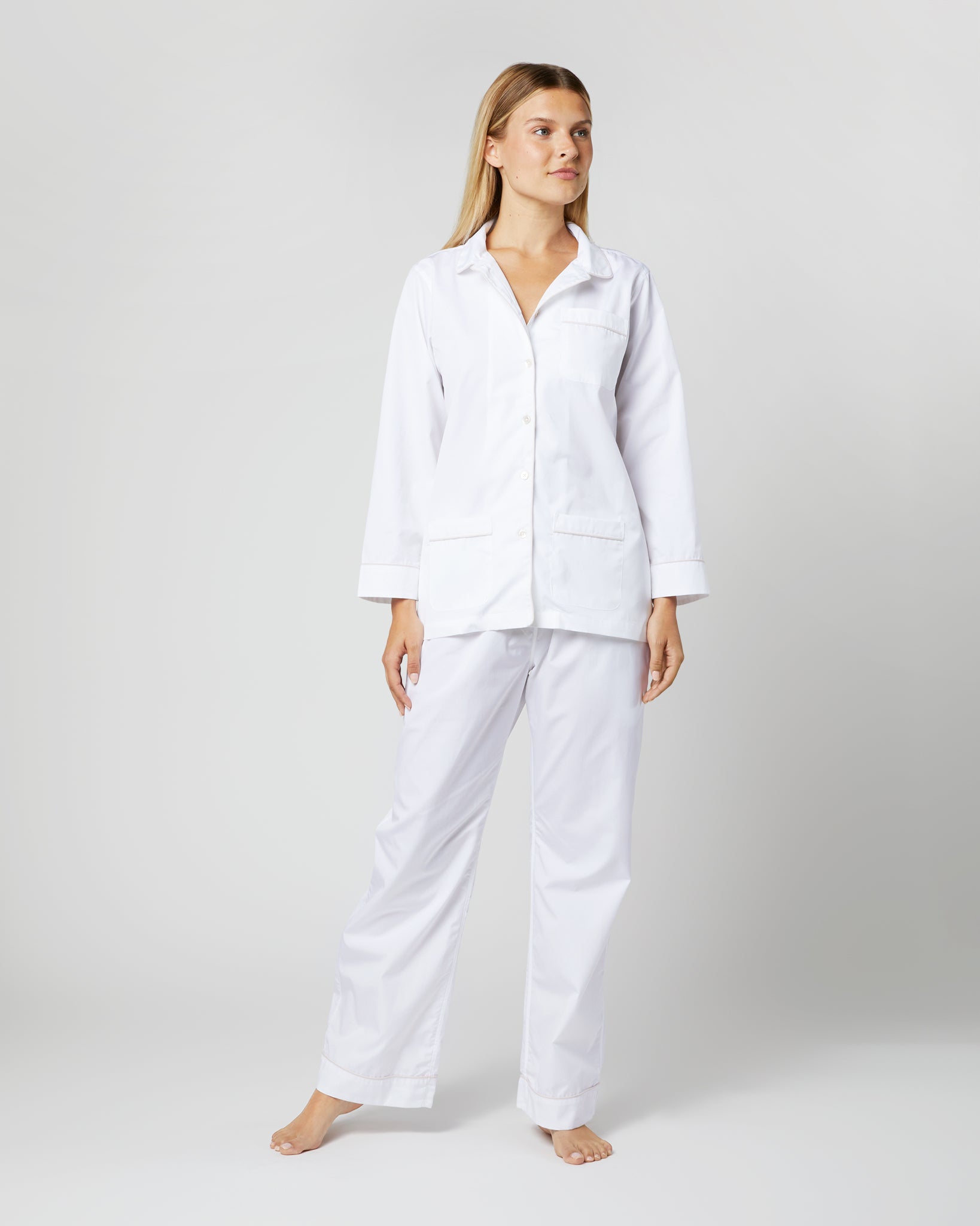 Pajama Set in White Poplin/Pink Trim