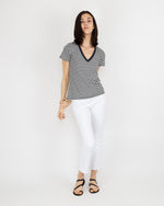 Load image into Gallery viewer, Short-Sleeved Deep-V Tee Navy/Natural Stripe Jersey
