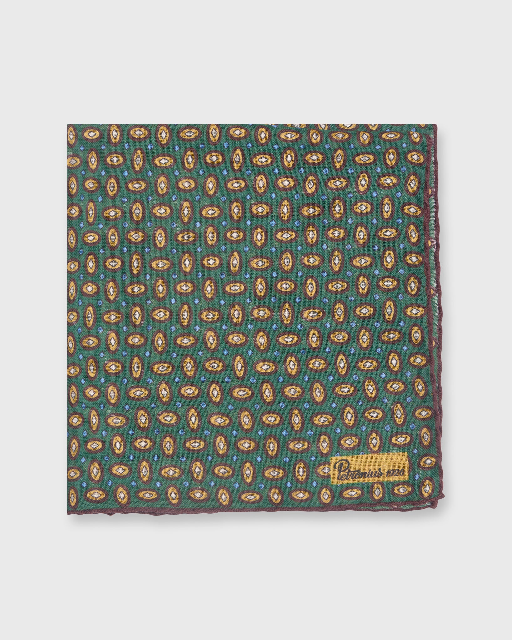 Hand-Rolled Pocket Square in Green/Brown/Yellow Oval Foulard