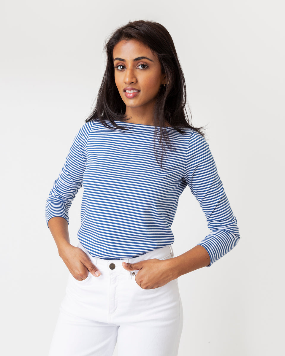 Long-Sleeved Boatneck Tee in White/Navy Stripe Compact Jersey