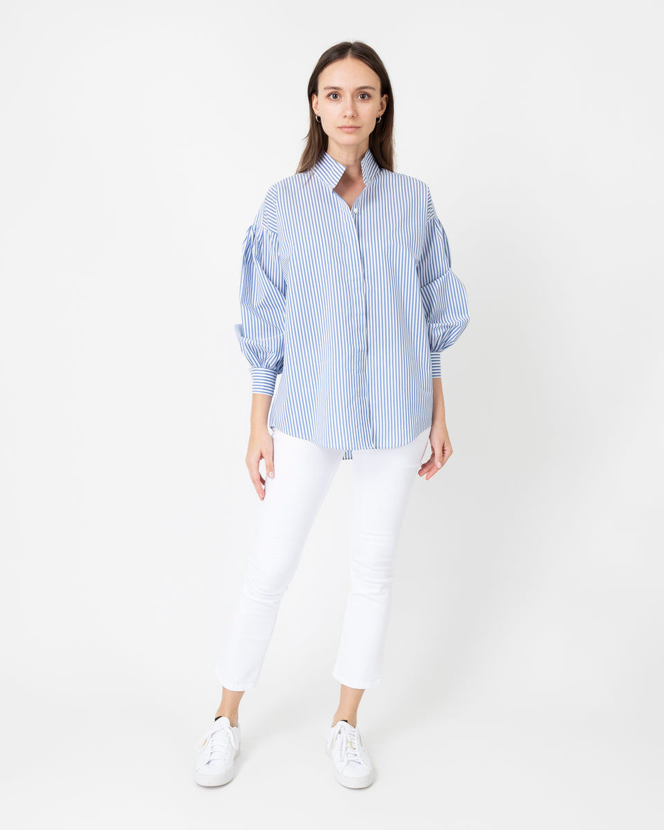 Mirabella Shirt in Blue/White Banker Stripe Cotton/Silk | Shop Ann