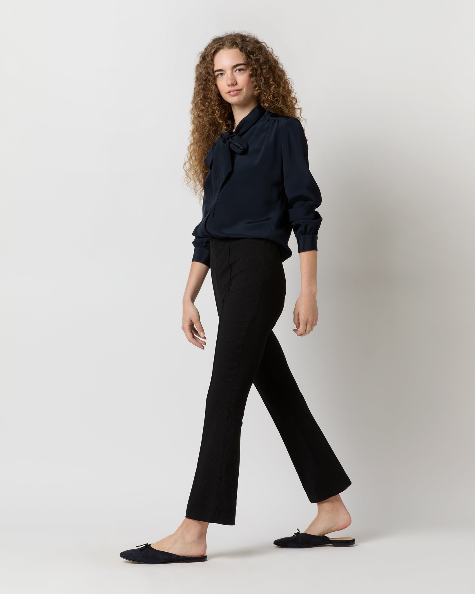 Tie-Neck Blouse in Navy Silk Crepe de Chine