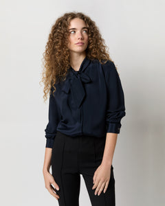 Tie-Neck Blouse in Navy Silk Crepe de Chine