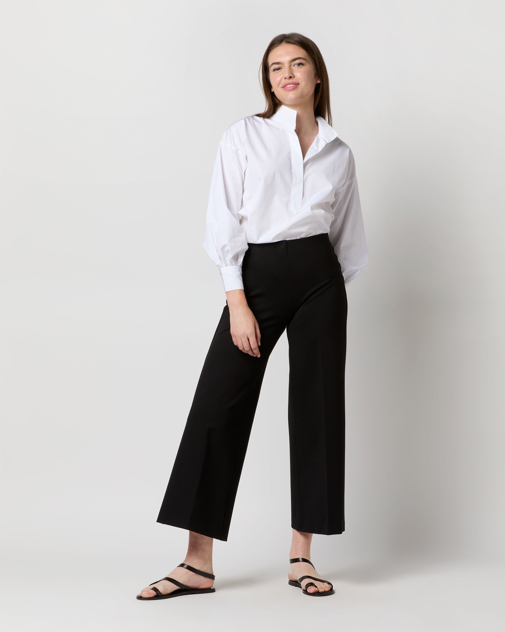 Faye Wide-Leg Cropped Pant in Black Ponte Knit