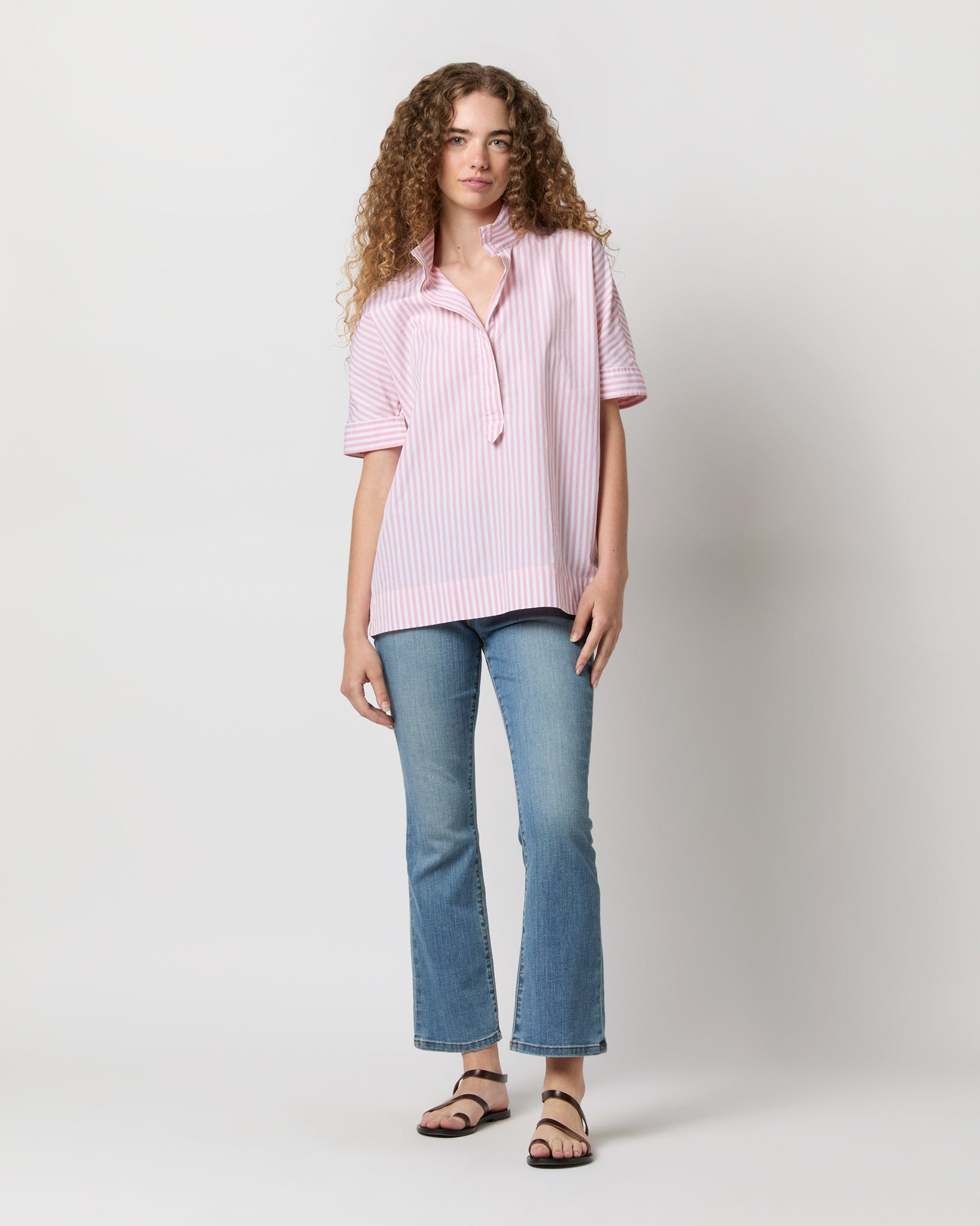 Soleil Shirt in Rose/White Awning Stripe Poplin