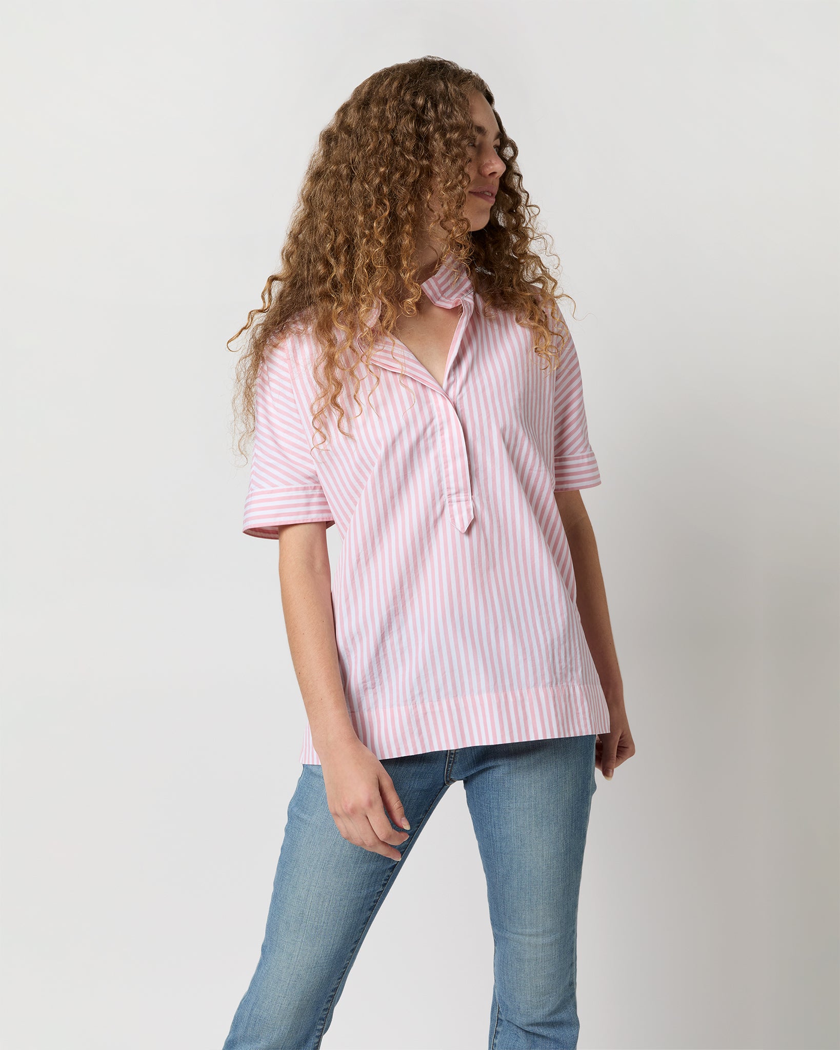 Soleil Shirt in Rose/White Awning Stripe Poplin