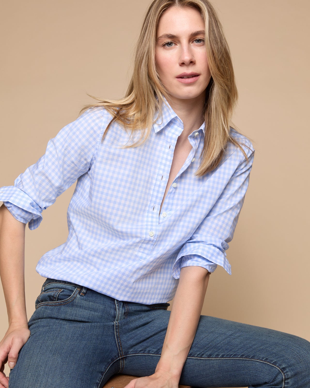 Tomboy Popover Shirt in Sky Blue Gingham Poplin | Shop Ann Mashburn Tomboy Popover Shirt in Sky Blue Gingham Poplin | Shop Ann Mashburn