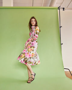 Annette Popover Dress in Pink/Olive Floral Stretch Poplin