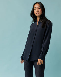 Icon Blouse in Navy Silk Crepe de Chine