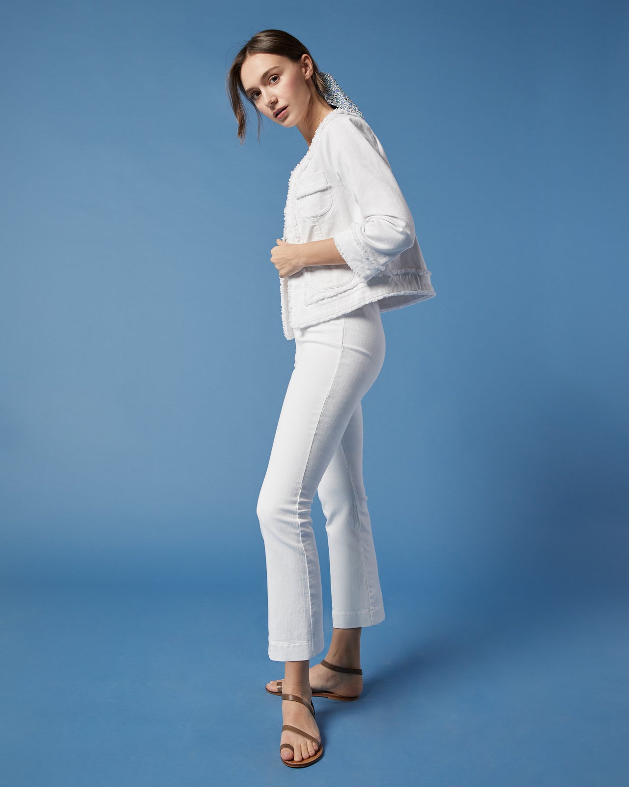 Faye Flare Cropped Pant in White Garment-Dyed Stretch Twill