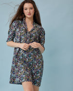 Load image into Gallery viewer, Elbow-Sleeved Frill Dress in Navy/Multi Fairytale Forest Liberty Fabric
