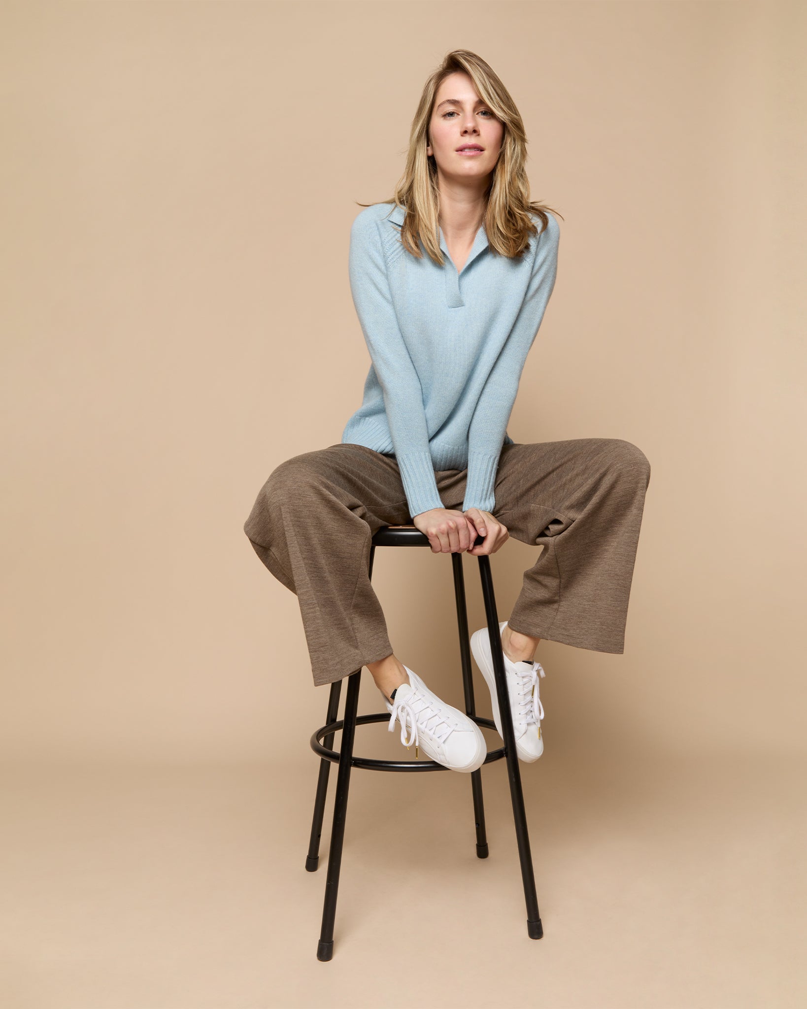 Blaire Johnny-Collar Jersey Sweater in Heather Sky Cashmere