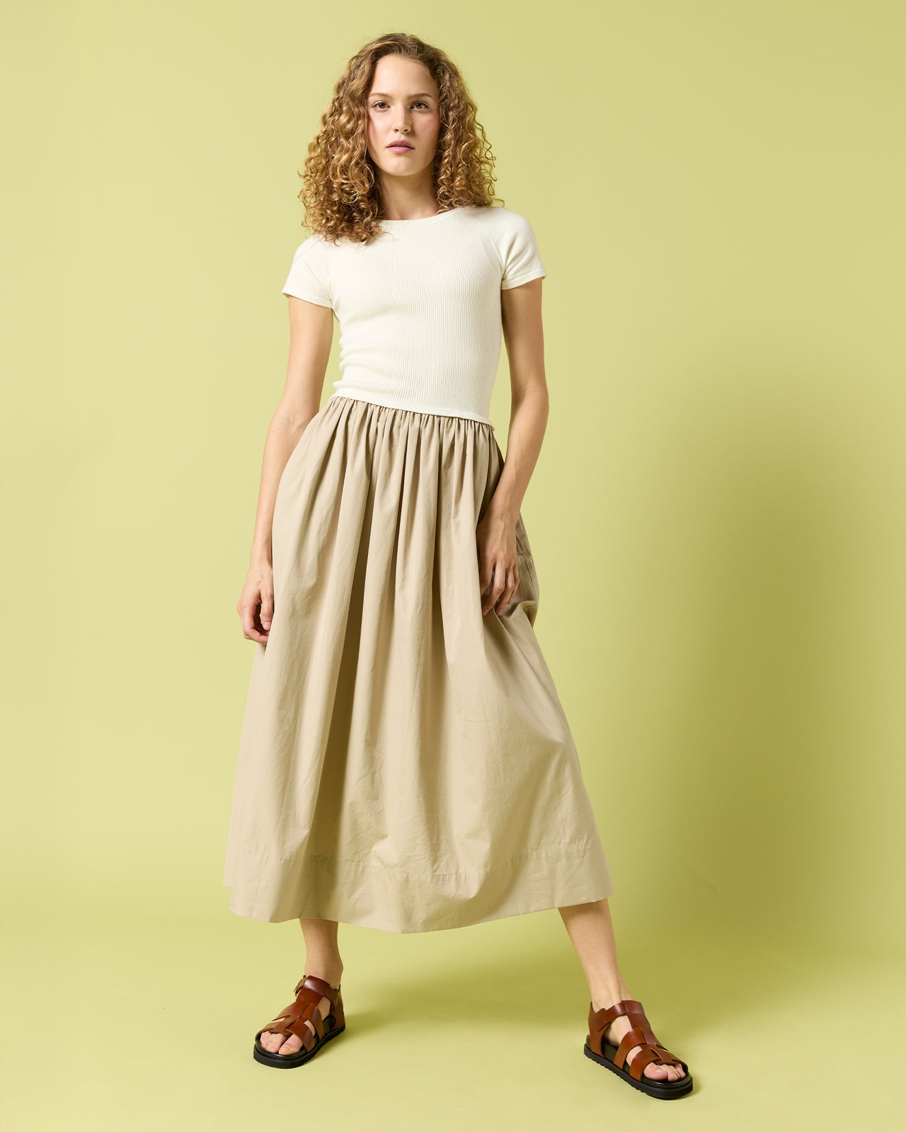 Cosette Dress in Ivory Cotton/Stone Silk