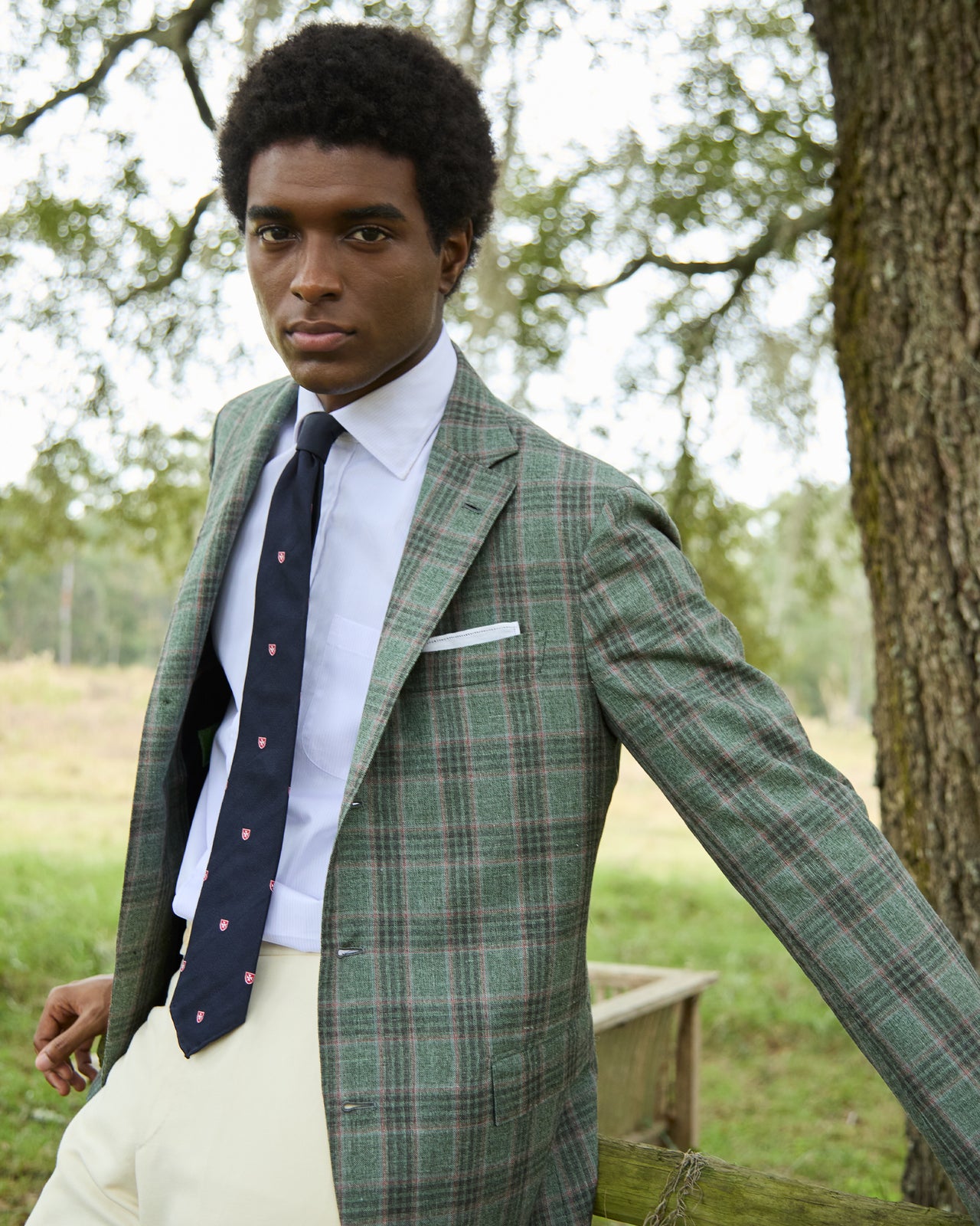 Silk Woven Club Tie in Navy/Red Shield