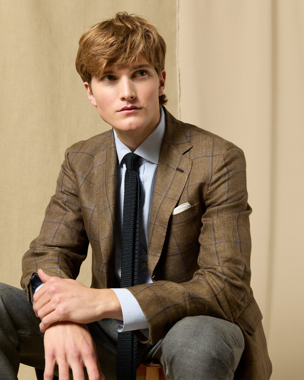 Virgil No. 4 Jacket in Brown/Blue Plaid Linen Hopsack