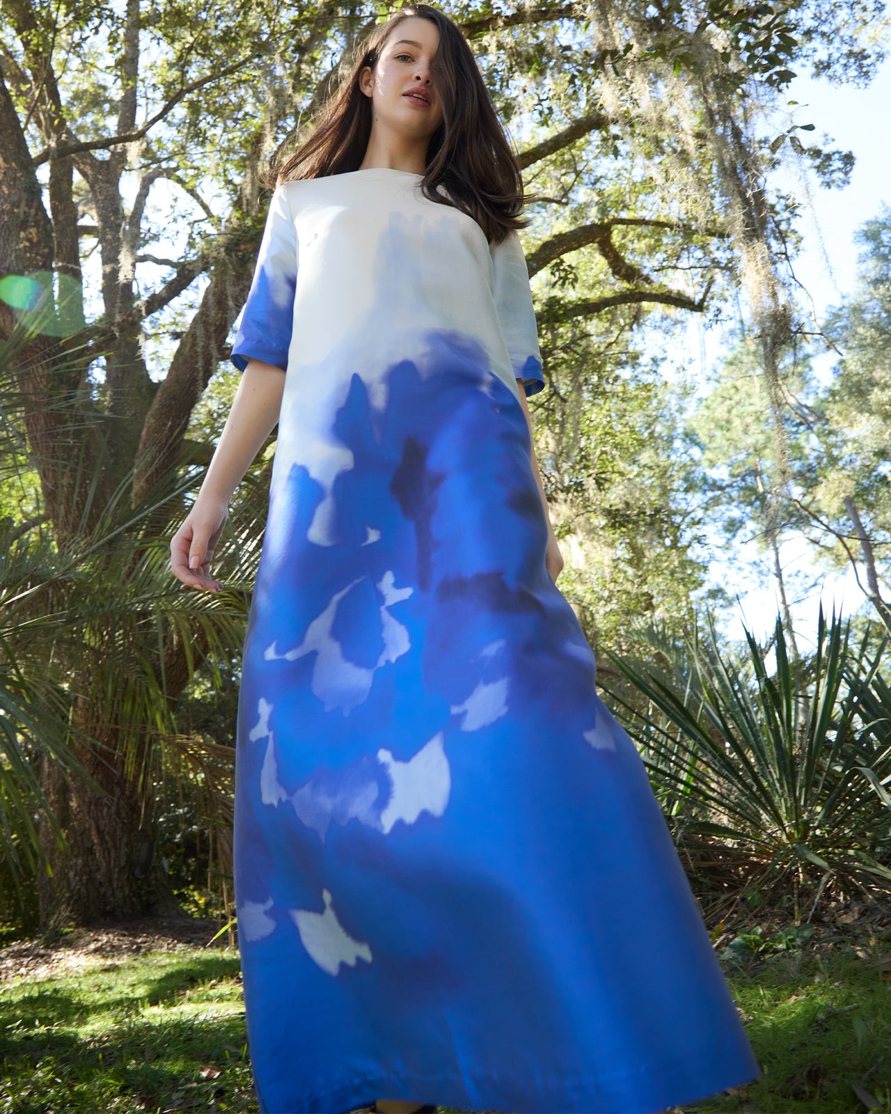 Paige Maxi Dress in Blue Watercolor Printed Mikado