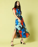 Load image into Gallery viewer, Scarlett Dress in Blue/Red Large Floral Printed Linen
