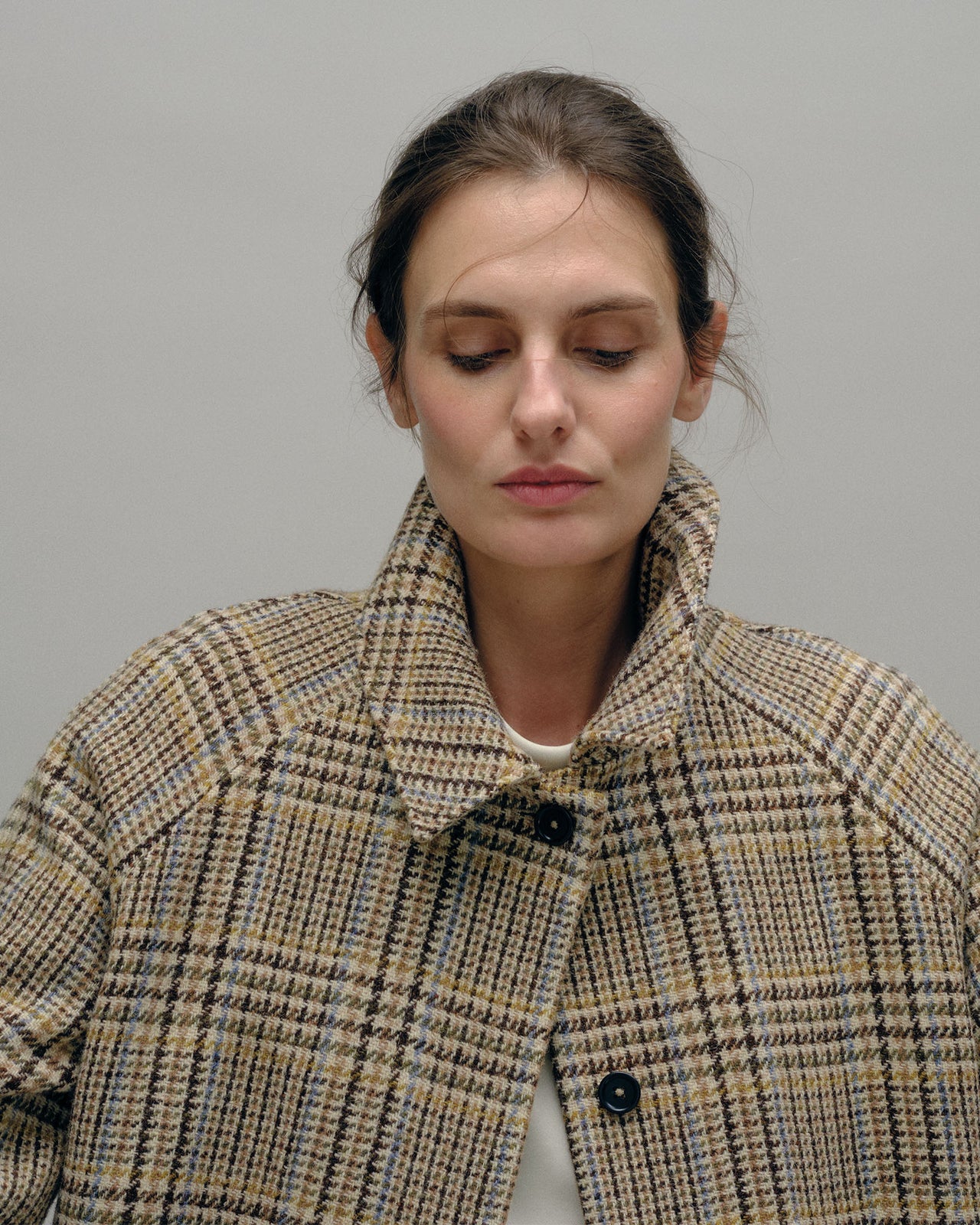 Balmacaan Coat in Brown/Sky Glen Plaid Harris Tweed | Shop Ann