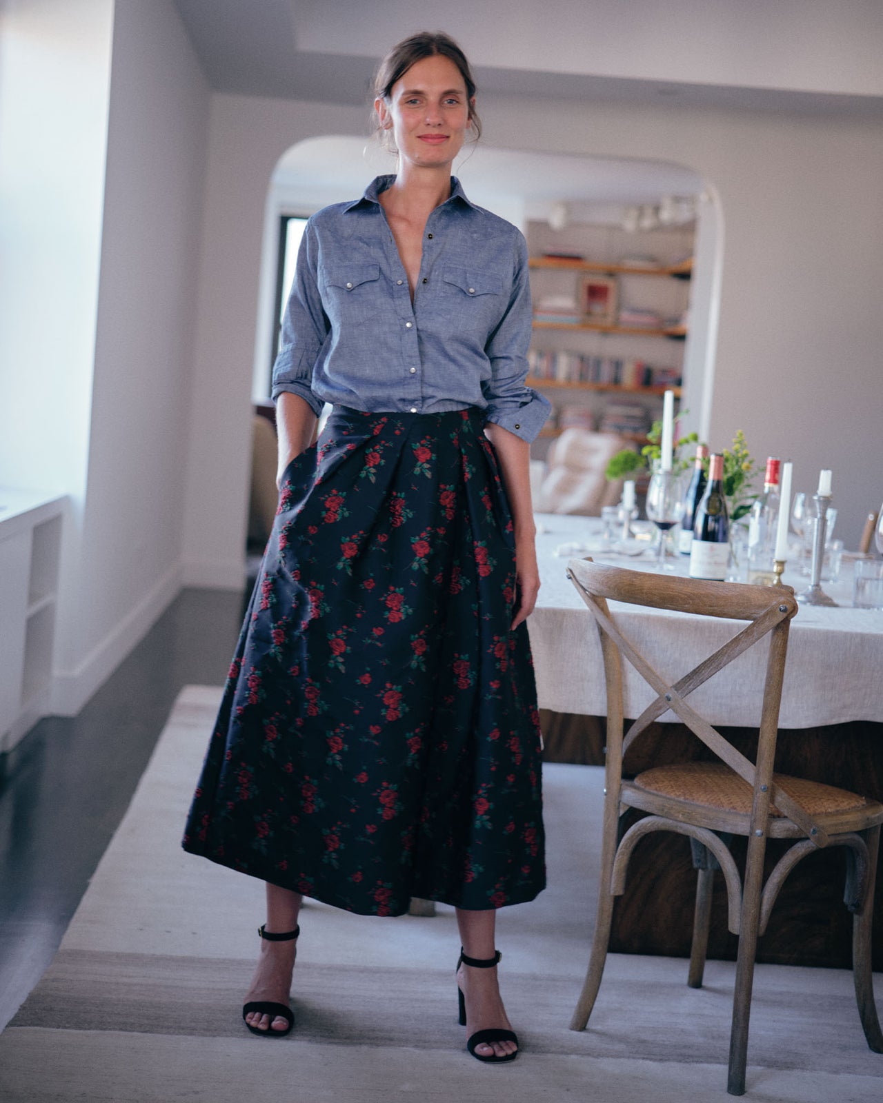 Cossie Midi Skirt in Black/Red Rose Matelassé