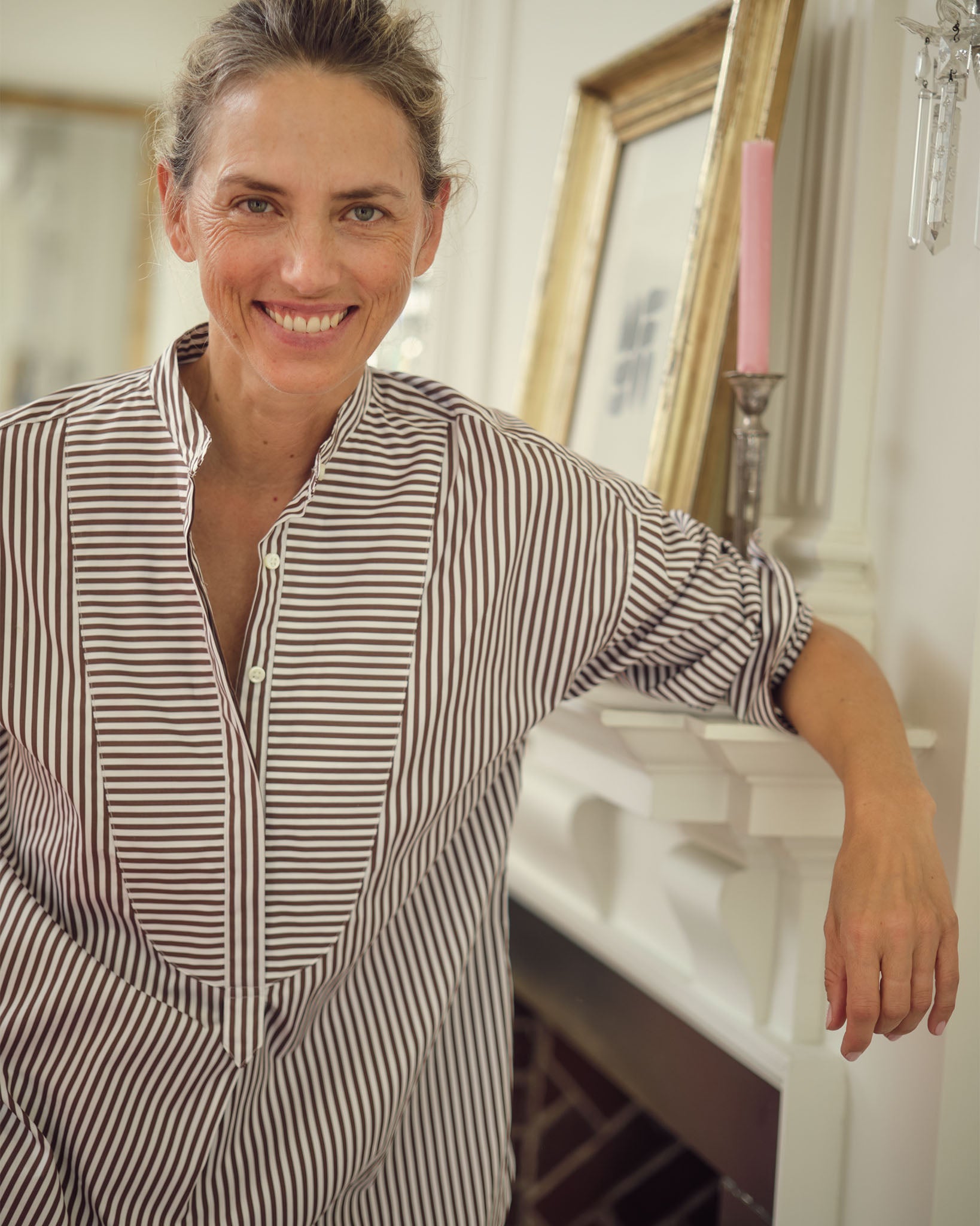 Christiane Bib-Front Tunic in Brown/White Bengal Stripe Poplin