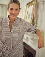 Load image into Gallery viewer, Christiane Bib-Front Tunic in Brown/White Bengal Stripe Poplin
