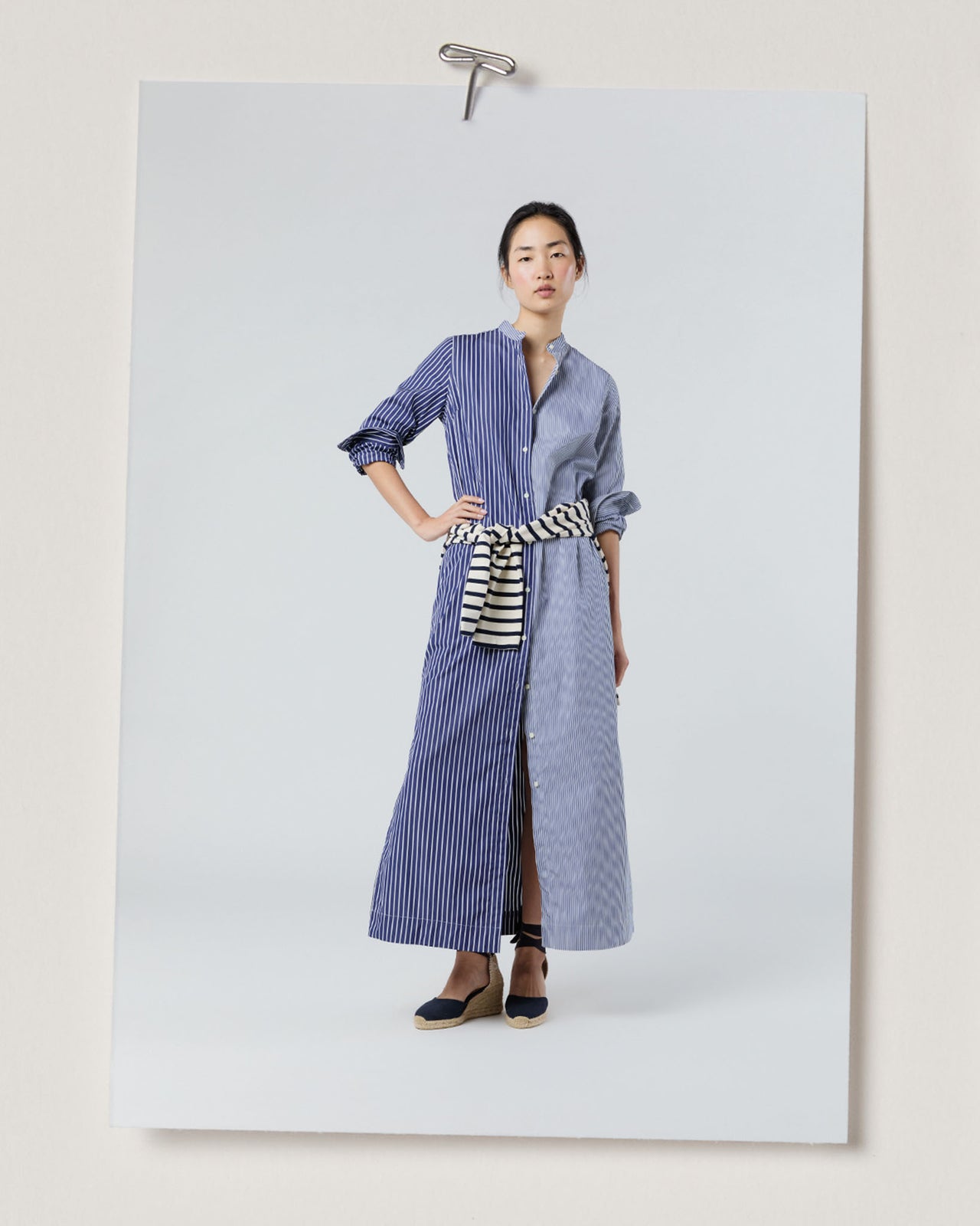 Mandarin Talitha Shirtdress in Navy/White Mixed Stripe Poplin