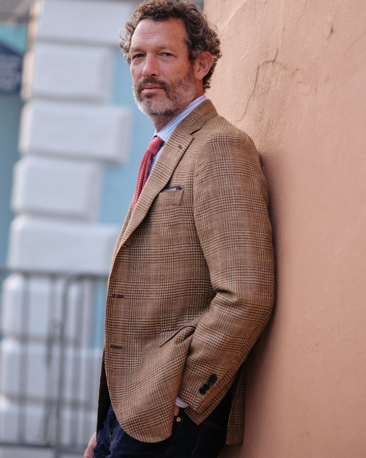 Virgil No. 4 Jacket in Wheat/Chocolate/Coral Glen Plaid Hopsack