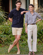 Load image into Gallery viewer, Frankie Cropped Pant in Ivory/Blue Crinkled Stripe
