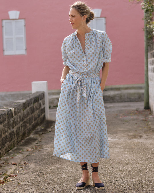 Sienna Top in French Blue/Tangerine Mixed Floral Printed Poplin
