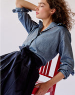 Load image into Gallery viewer, Pleated Wrap Skirt in Navy Silk Shantung
