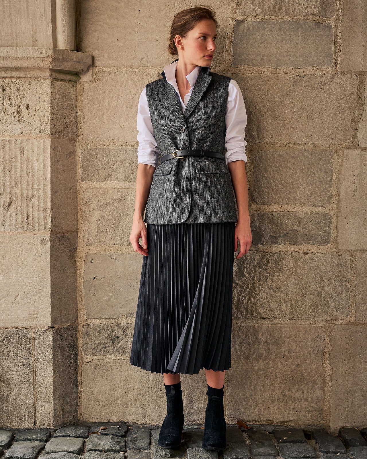Channing Vest in Charcoal Wool Herringbone