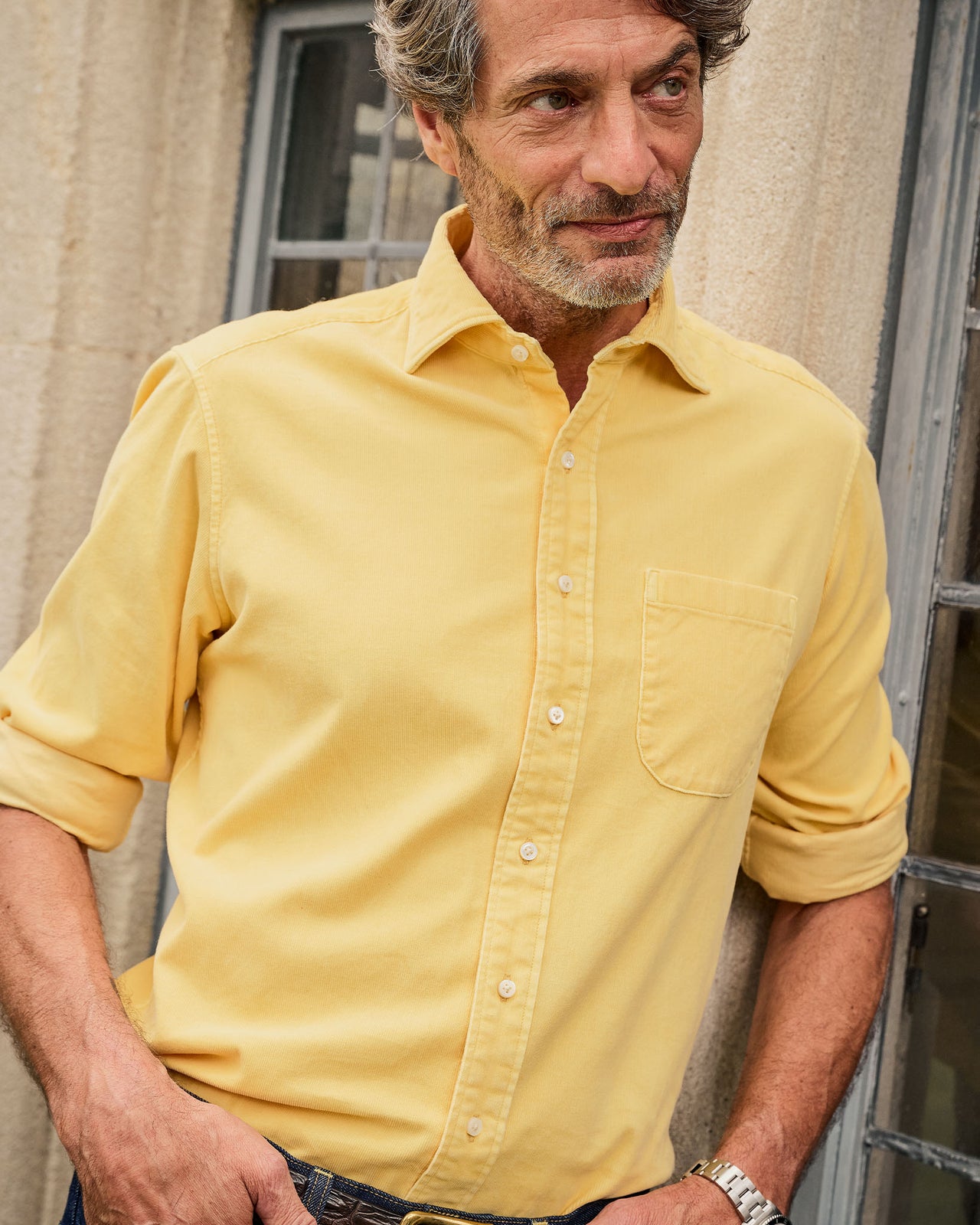 Spread Collar Sport Shirt in Canary Corduroy