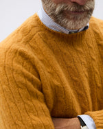 Load image into Gallery viewer, Washed Cable-Knit Crewneck Sweater in Caramel Rustic Wool
