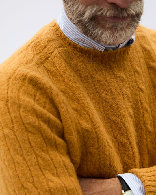 Washed Cable-Knit Crewneck Sweater in Caramel Rustic Wool