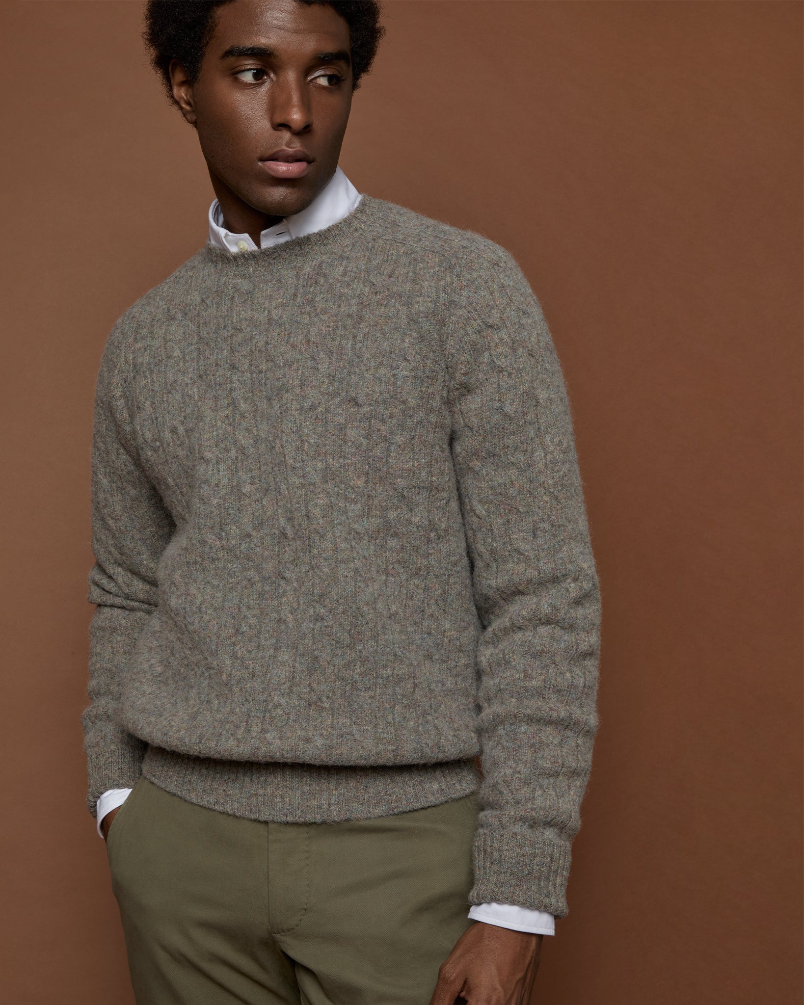 Washed Cable Crewneck Sweater in Mist Rustic Wool