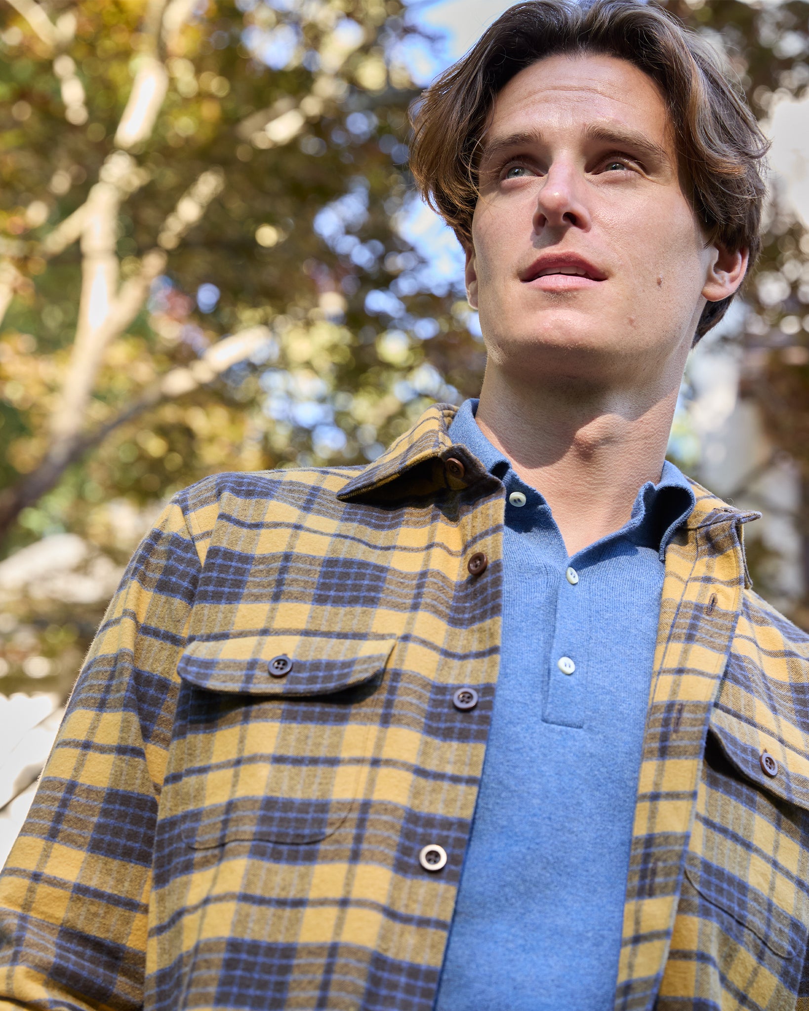 Band-Hem Work Shirt in Maize/Brown/Blue Brushed Heavyweight Twill