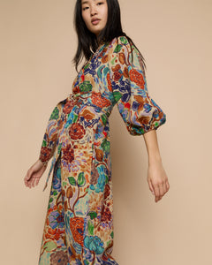 Trapunto Blouson Dress in Multi Floral Wool Crepe