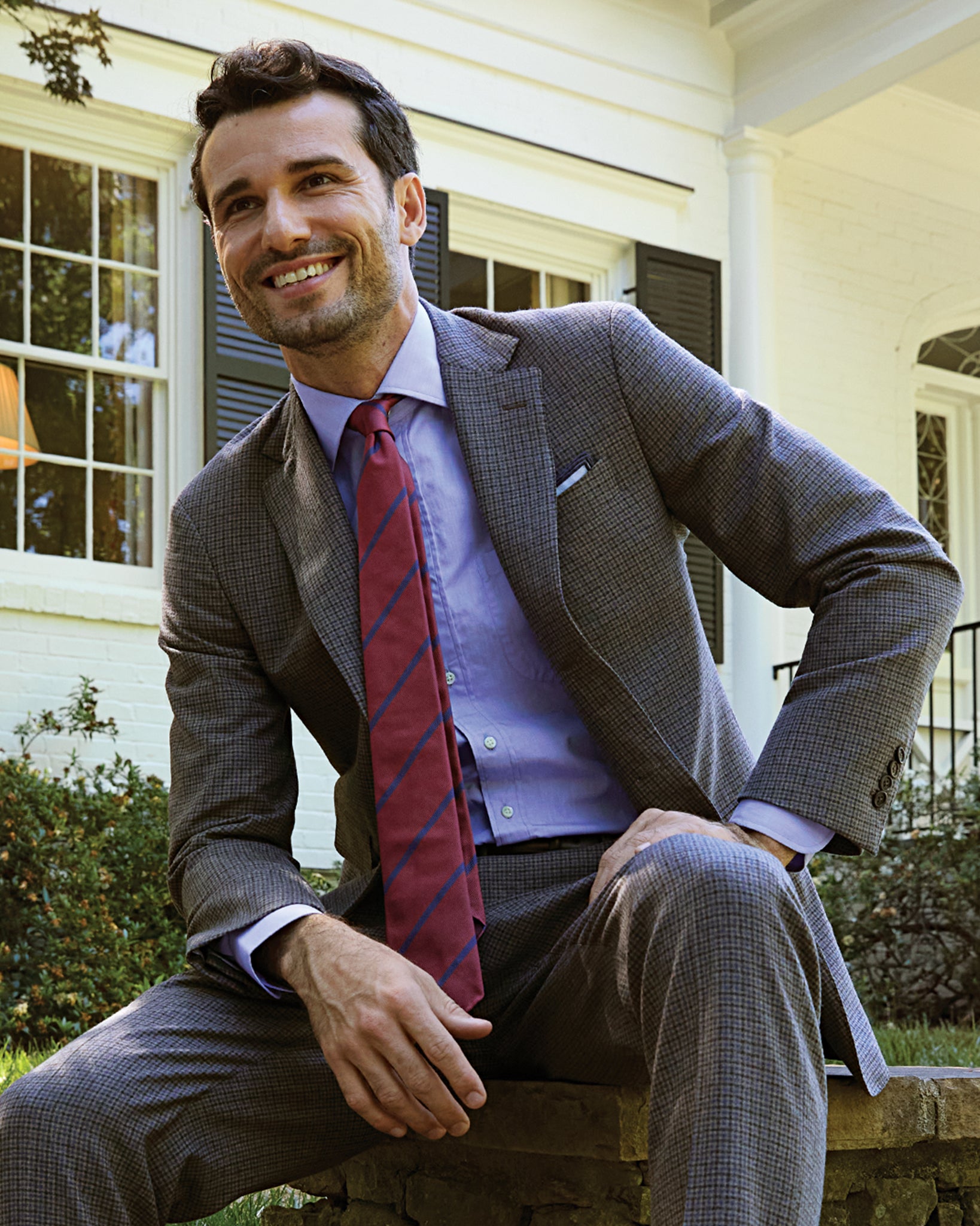 Silk Woven Tie in Dusty Red/Blue Bar Stripe