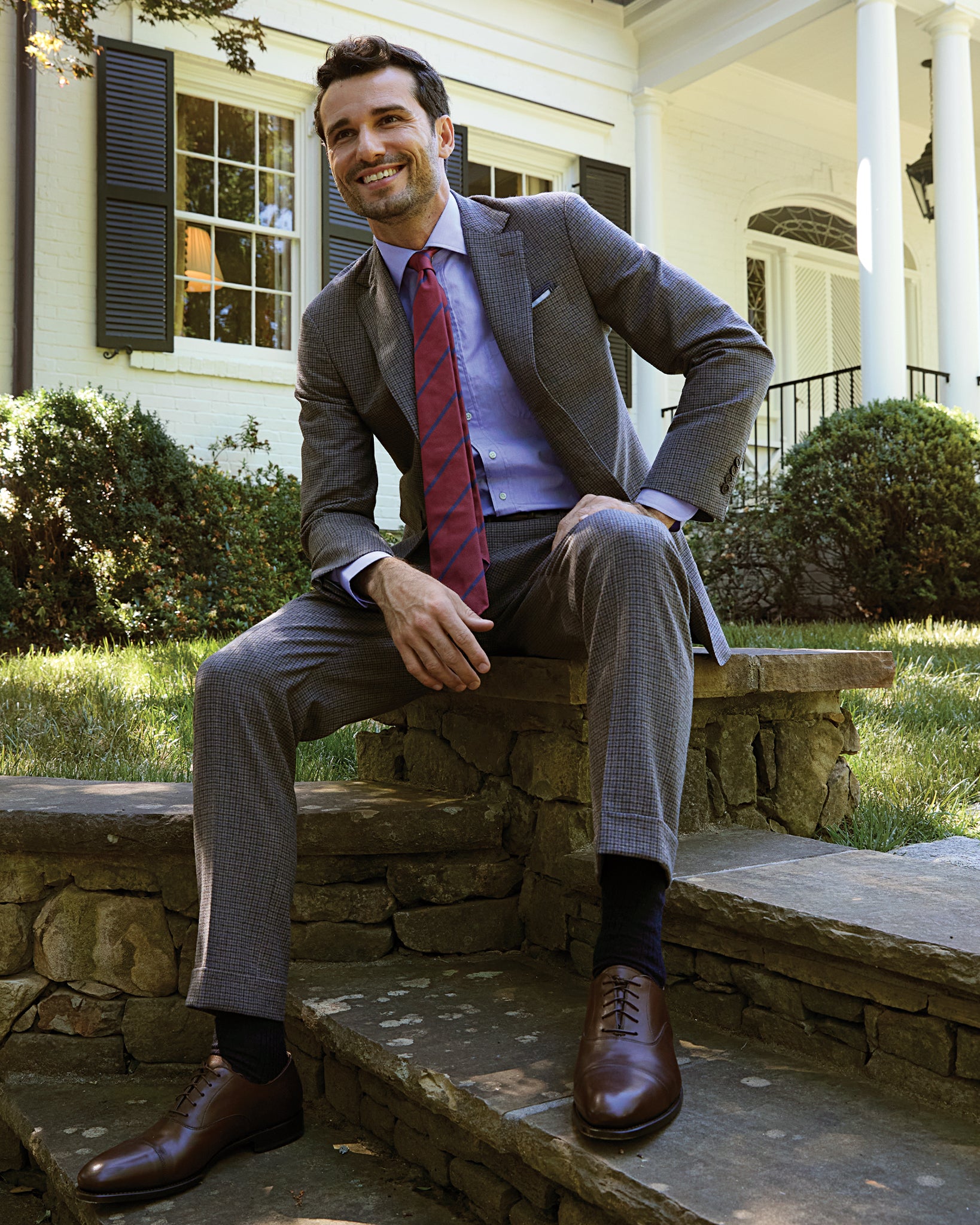 Dress Trouser in Brown/Blue Check Brushed Hopsack