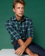 Load image into Gallery viewer, Spread Collar Sport Shirt in Navy/Blue/Yellow Tartan Flannel
