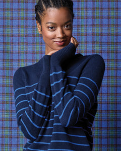 Cydney Boyfriend Crewneck Sweater in Navy Blue Stripe Cashmere