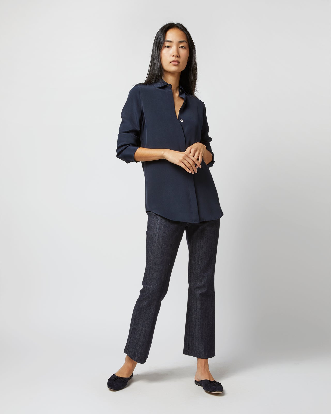 Classic Blouse in Navy Silk Crepe de Chine